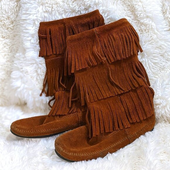 Minnetonka Tall Fringed Brown Suede Moccasin Boot - Picture 1 of 11